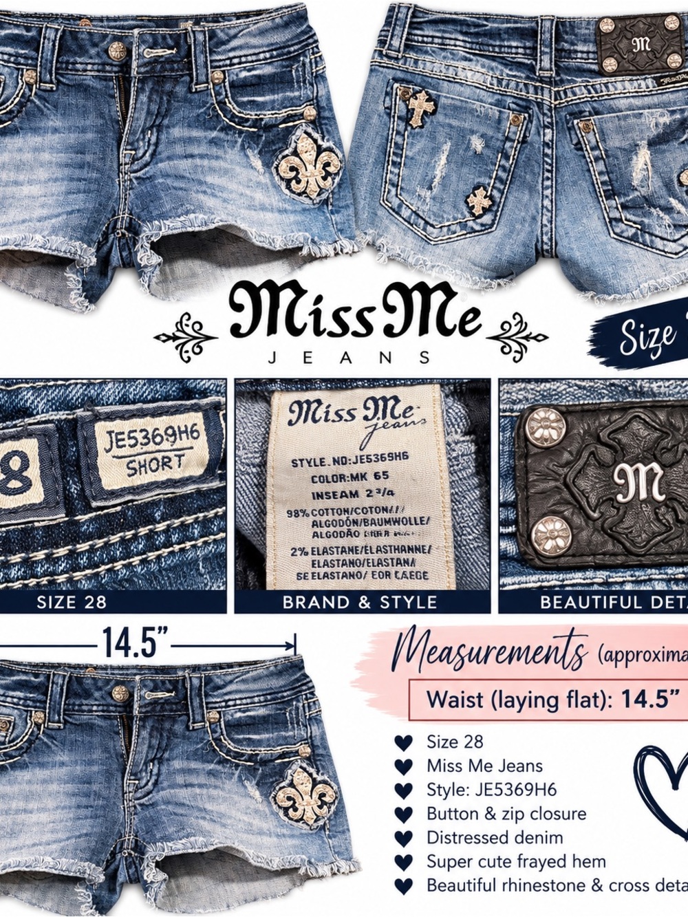 Miss Me Blue Distressed Denim Jean Shorts with Embellished Accents